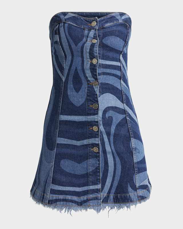 Strapless Marmo-Print Denim Button-Front Mini Dress